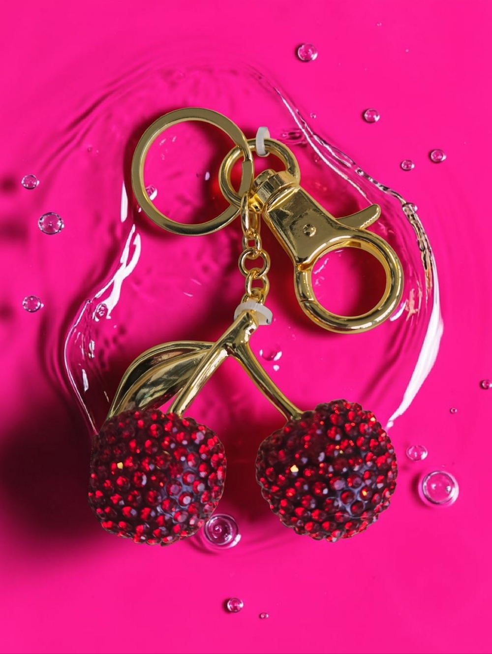 NEW Piper K Cherry With Glass Stones Bag Charm & Key Chain Gold & Red NWT